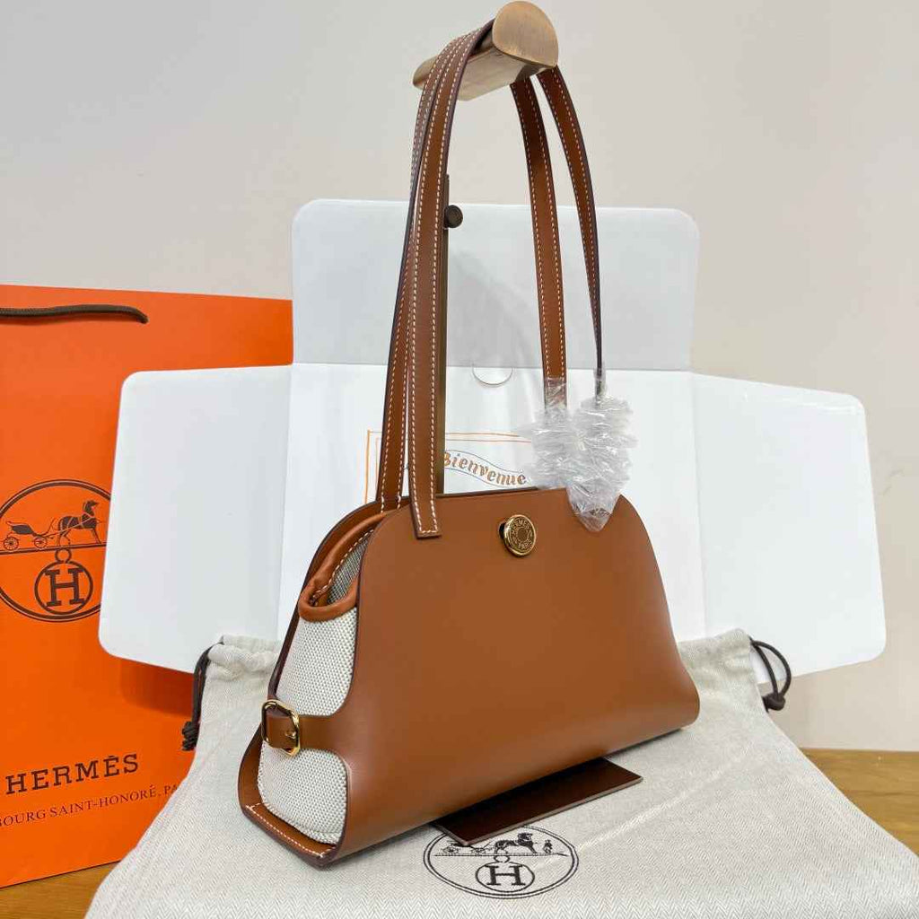 Hermes Tablier sellier Bag Brown Swift calfskin and H canvas Gold hardware