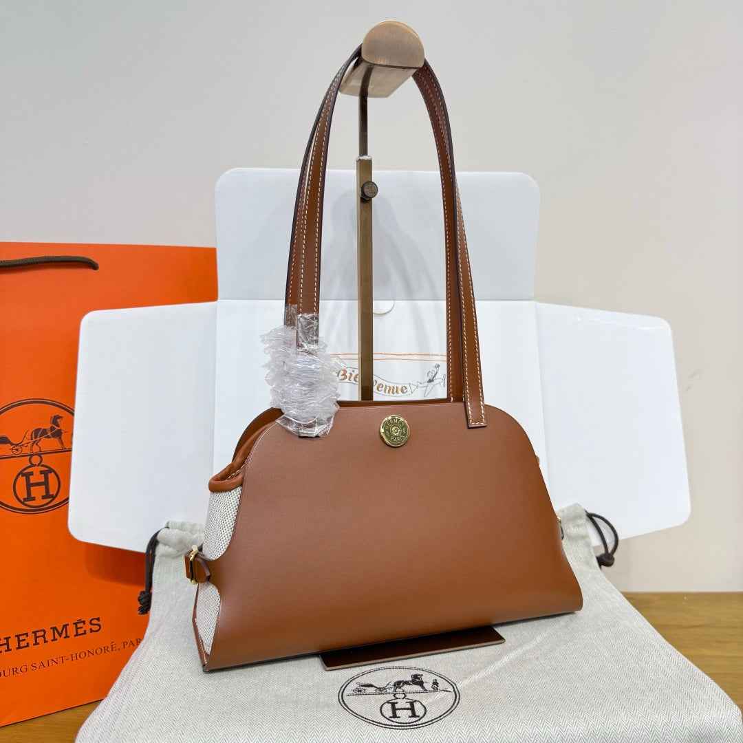 Hermes Tablier sellier Bag Brown Swift calfskin and H canvas Gold hardware