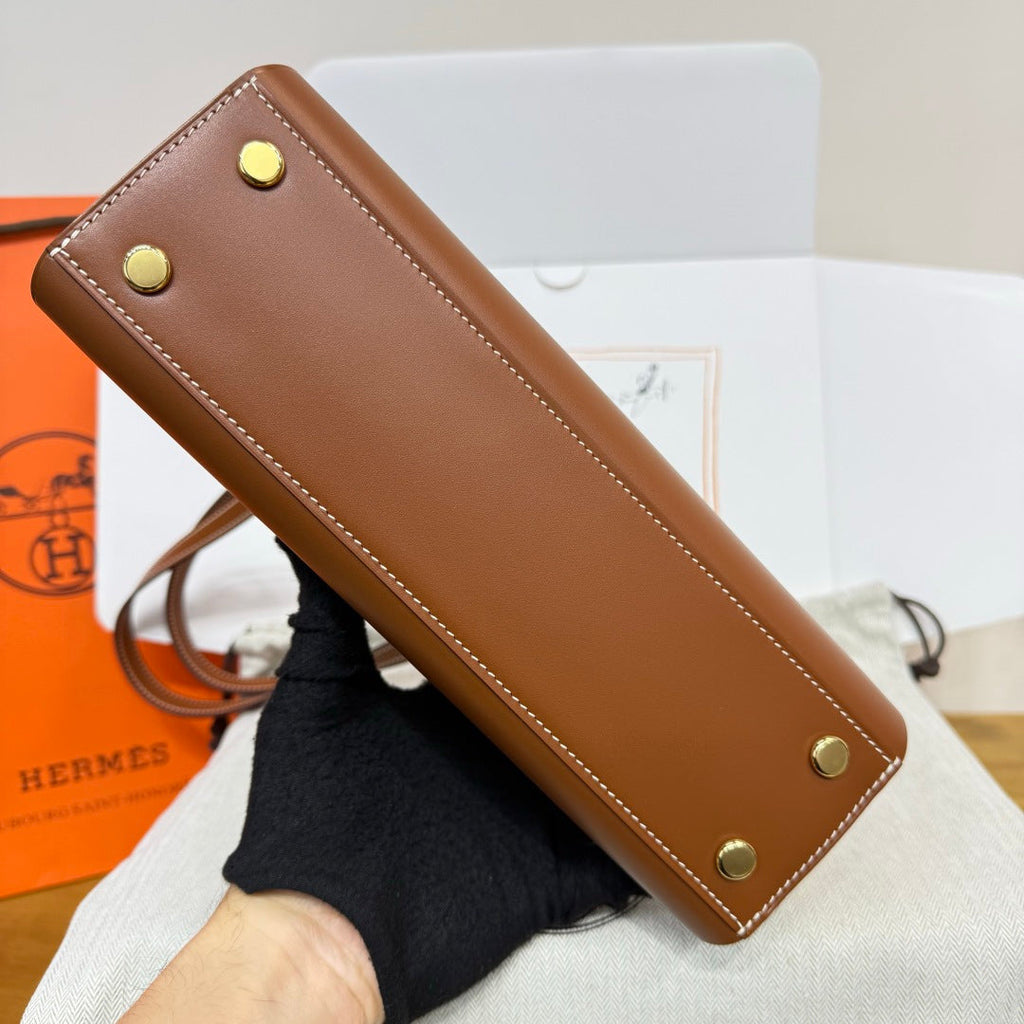 Hermes Tablier sellier Bag Brown Swift calfskin and H canvas Gold hardware