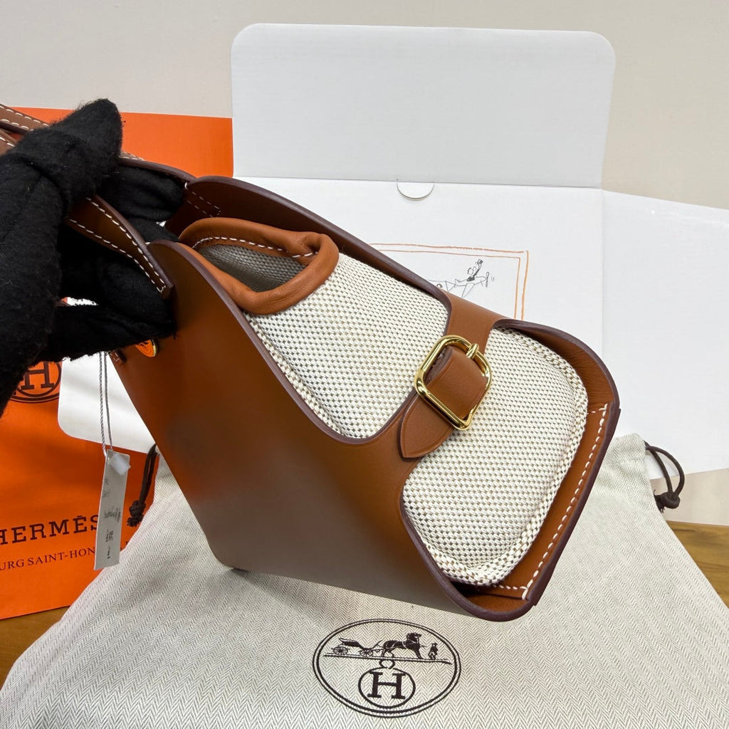 Hermes Tablier sellier Bag Brown Swift calfskin and H canvas Gold hardware