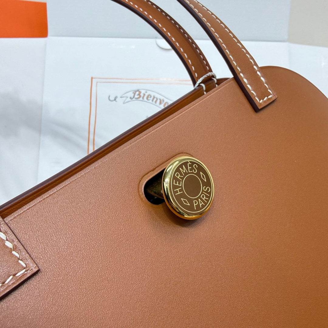 Hermes Tablier sellier Bag Brown Swift calfskin and H canvas Gold hardware