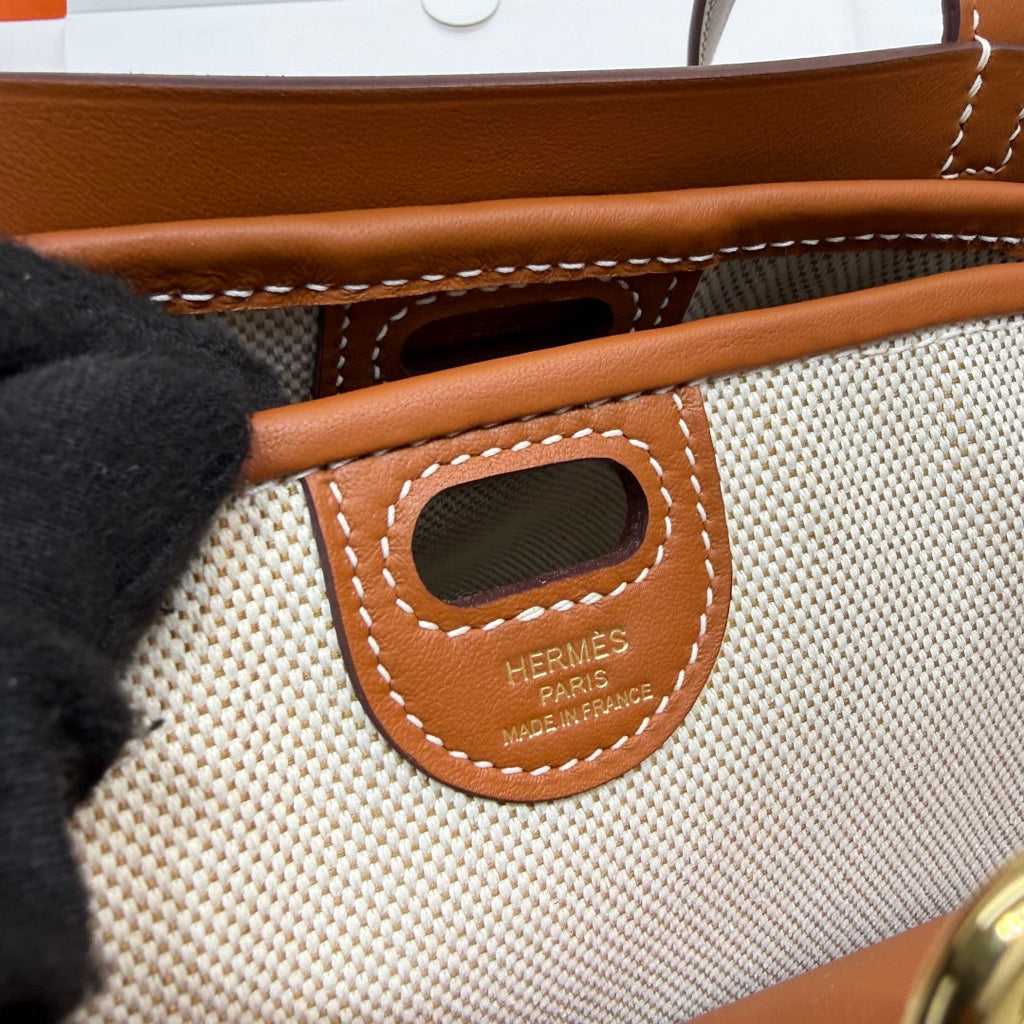 Hermes Tablier sellier Bag Brown Swift calfskin and H canvas Gold hardware