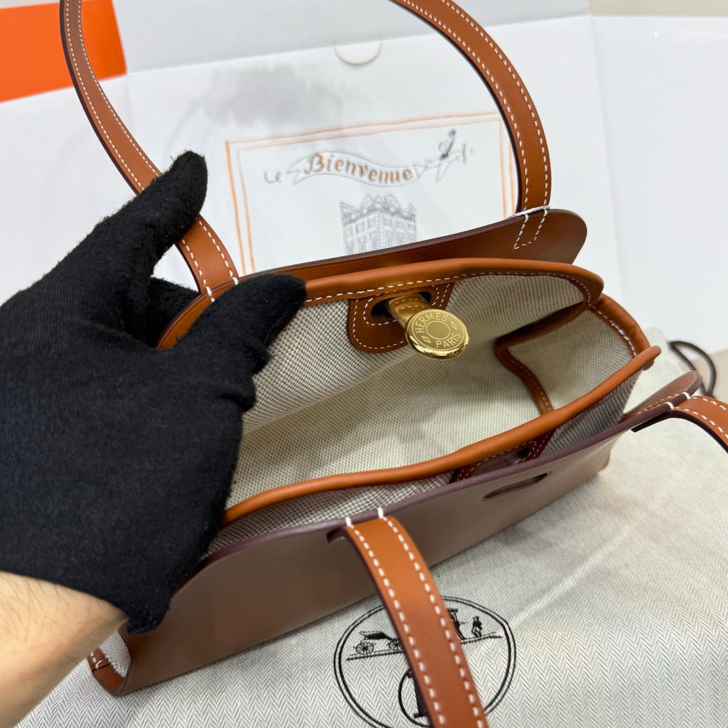 Hermes Tablier sellier Bag Brown Swift calfskin and H canvas Gold hardware