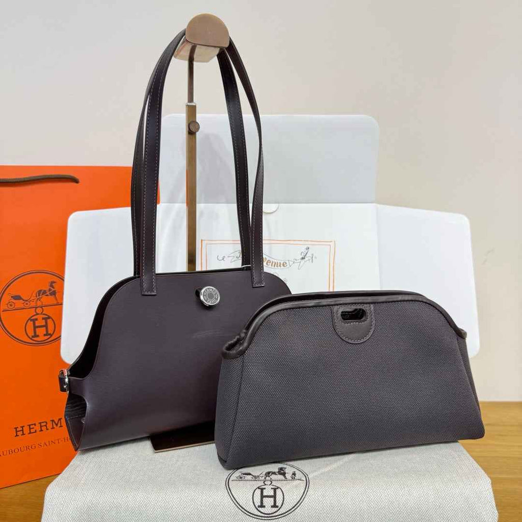 Hermes Tablier sellier Bag Coffee Swift calfskin and H canvas Silver hardware