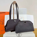 Hermes Tablier sellier Bag Coffee Swift calfskin and H canvas Silver hardware