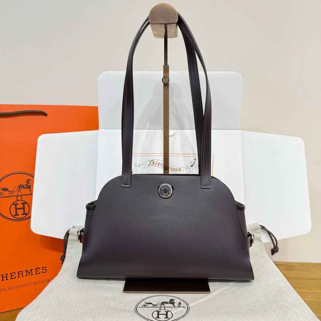 Hermes Tablier sellier Bag Coffee Swift calfskin and H canvas Silver hardware