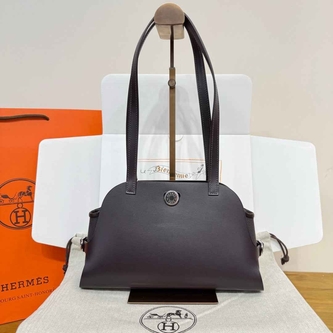 Hermes Tablier sellier Bag Coffee Swift calfskin and H canvas Silver hardware