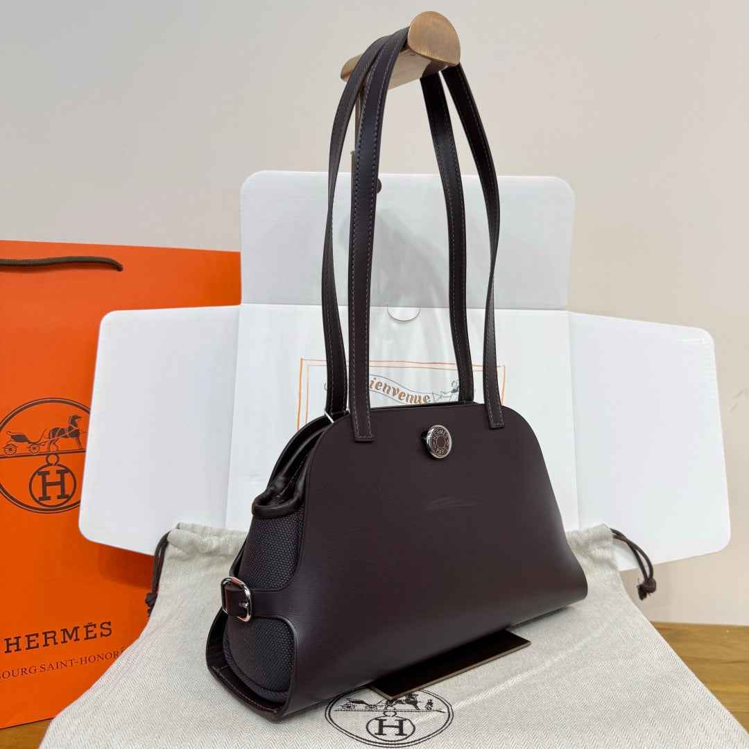 Hermes Tablier sellier Bag Coffee Swift calfskin and H canvas Silver hardware