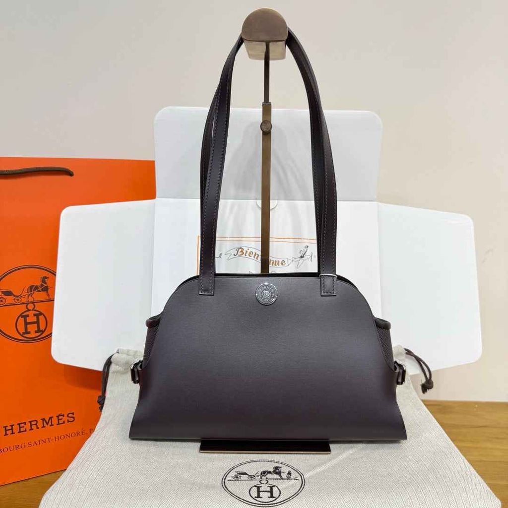 Hermes Tablier sellier Bag Coffee Swift calfskin and H canvas Silver hardware