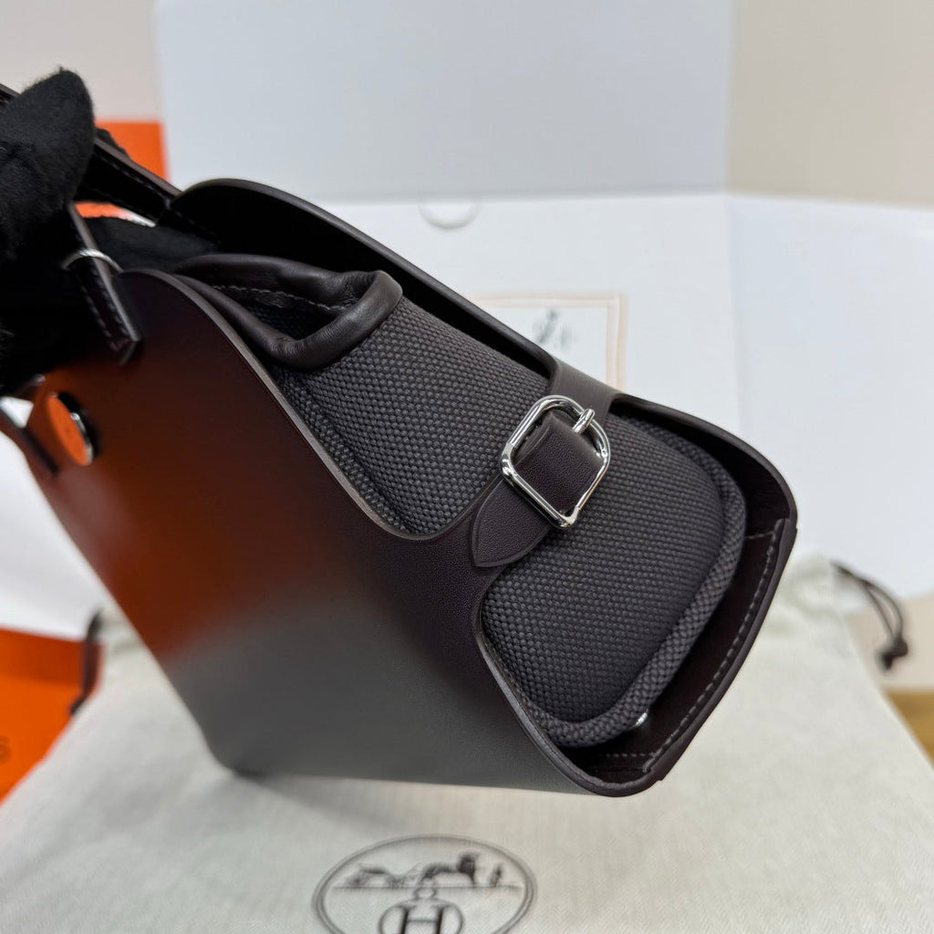 Hermes Tablier sellier Bag Coffee Swift calfskin and H canvas Silver hardware