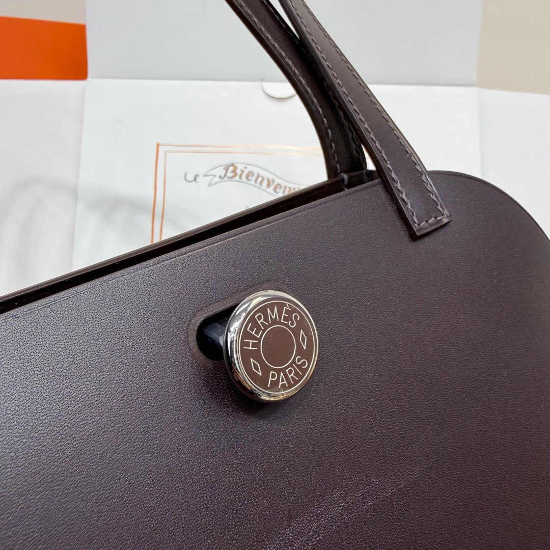 Hermes Tablier sellier Bag Coffee Swift calfskin and H canvas Silver hardware