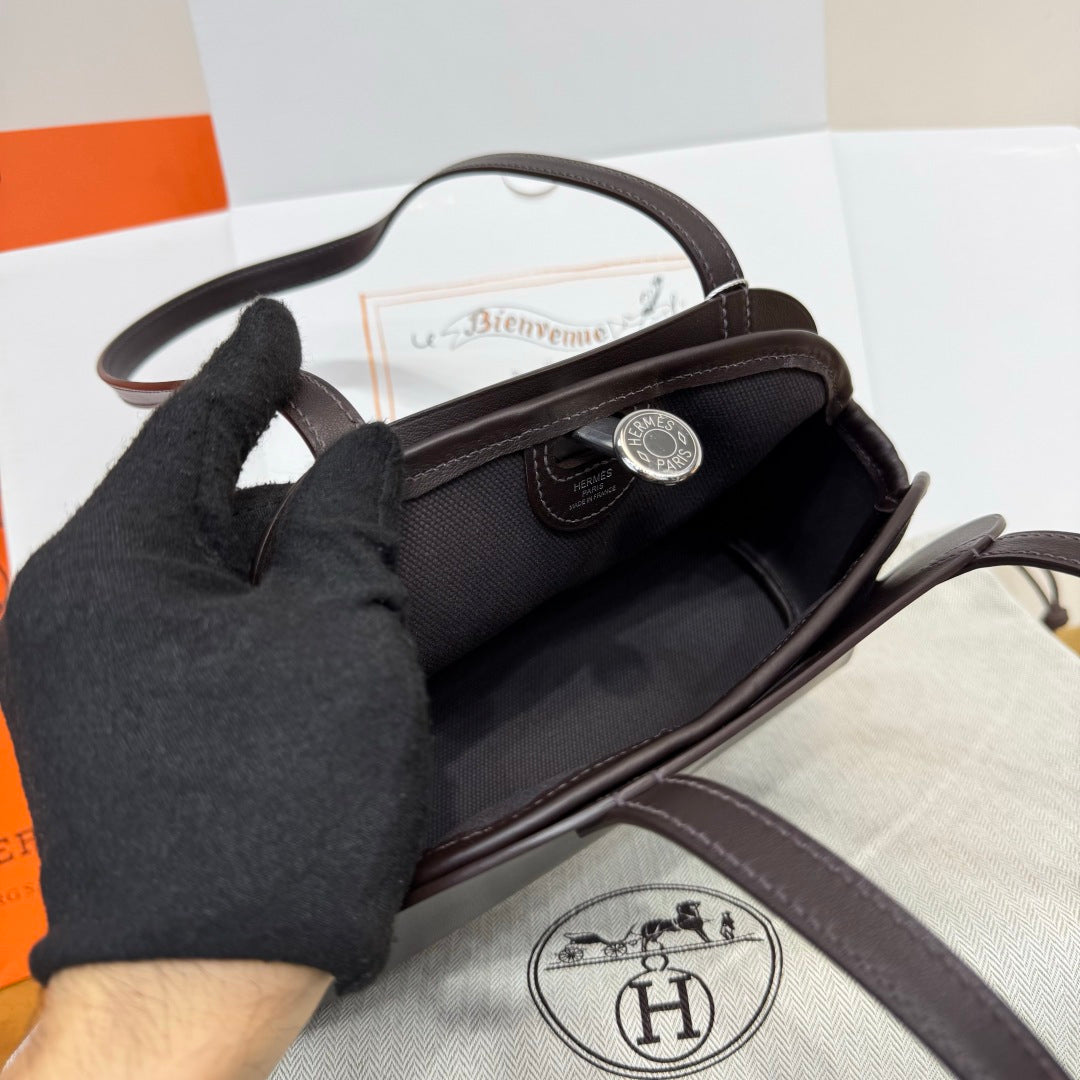 Hermes Tablier sellier Bag Coffee Swift calfskin and H canvas Silver hardware