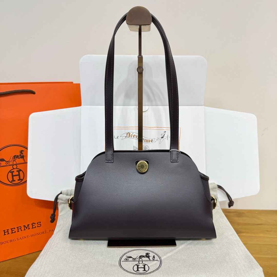 Hermes Tablier sellier Bag Coffee Swift calfskin and H canvas Gold hardware