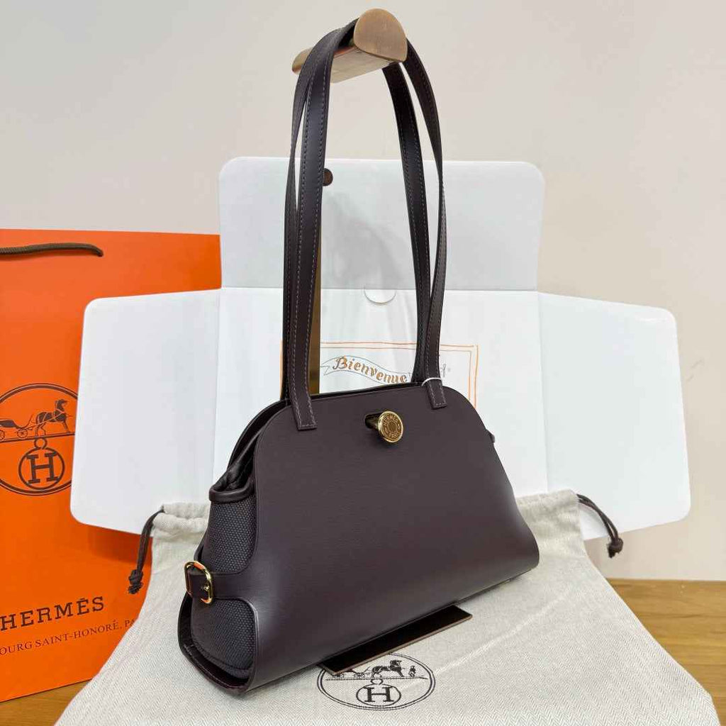 Hermes Tablier sellier Bag Coffee Swift calfskin and H canvas Gold hardware