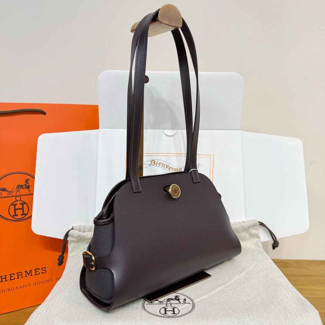 Hermes Tablier sellier Bag Coffee Swift calfskin and H canvas Gold hardware
