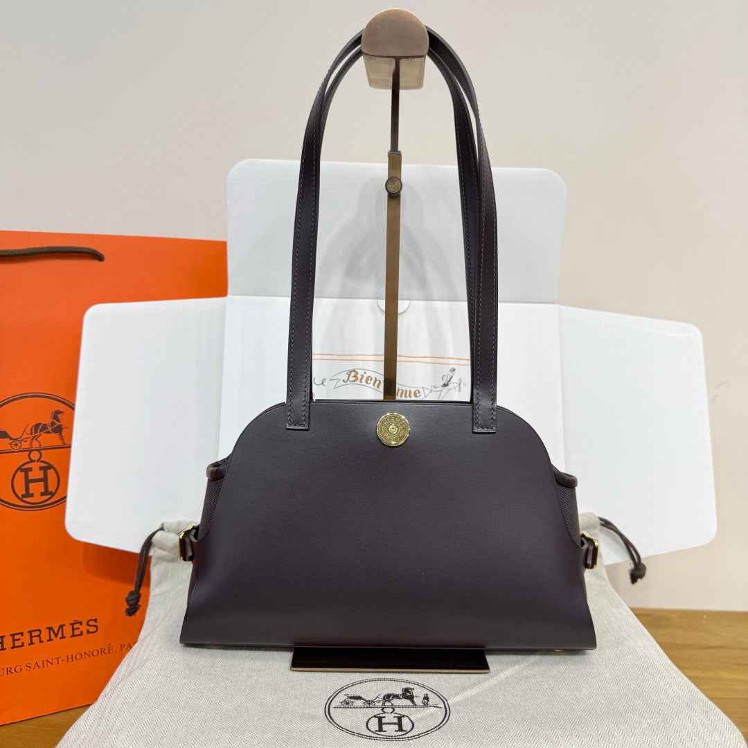 Hermes Tablier sellier Bag Coffee Swift calfskin and H canvas Gold hardware