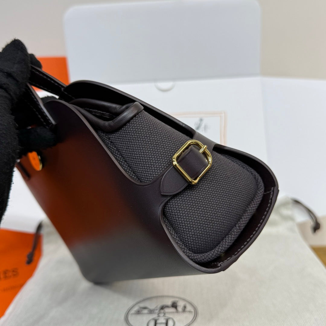 Hermes Tablier sellier Bag Coffee Swift calfskin and H canvas Gold hardware