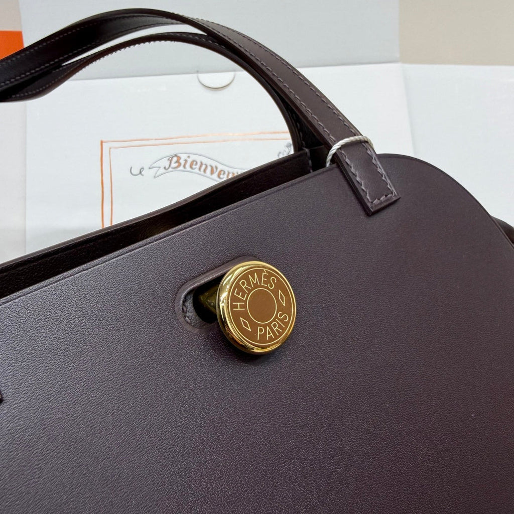 Hermes Tablier sellier Bag Coffee Swift calfskin and H canvas Gold hardware
