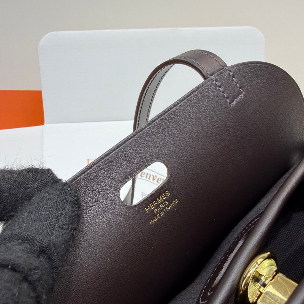 Hermes Tablier sellier Bag Coffee Swift calfskin and H canvas Gold hardware