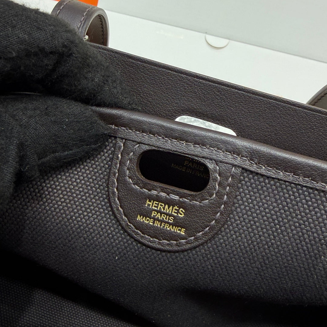 Hermes Tablier sellier Bag Coffee Swift calfskin and H canvas Gold hardware