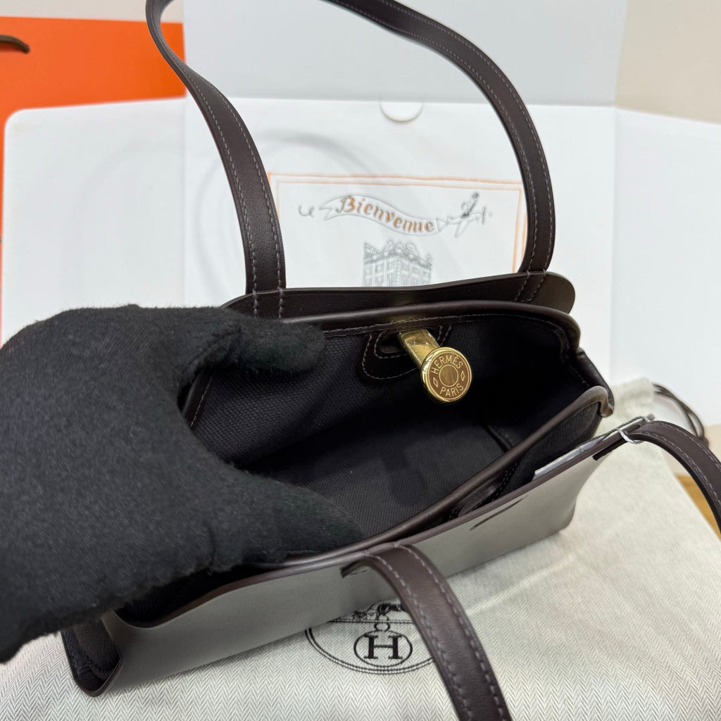 Hermes Tablier sellier Bag Coffee Swift calfskin and H canvas Gold hardware