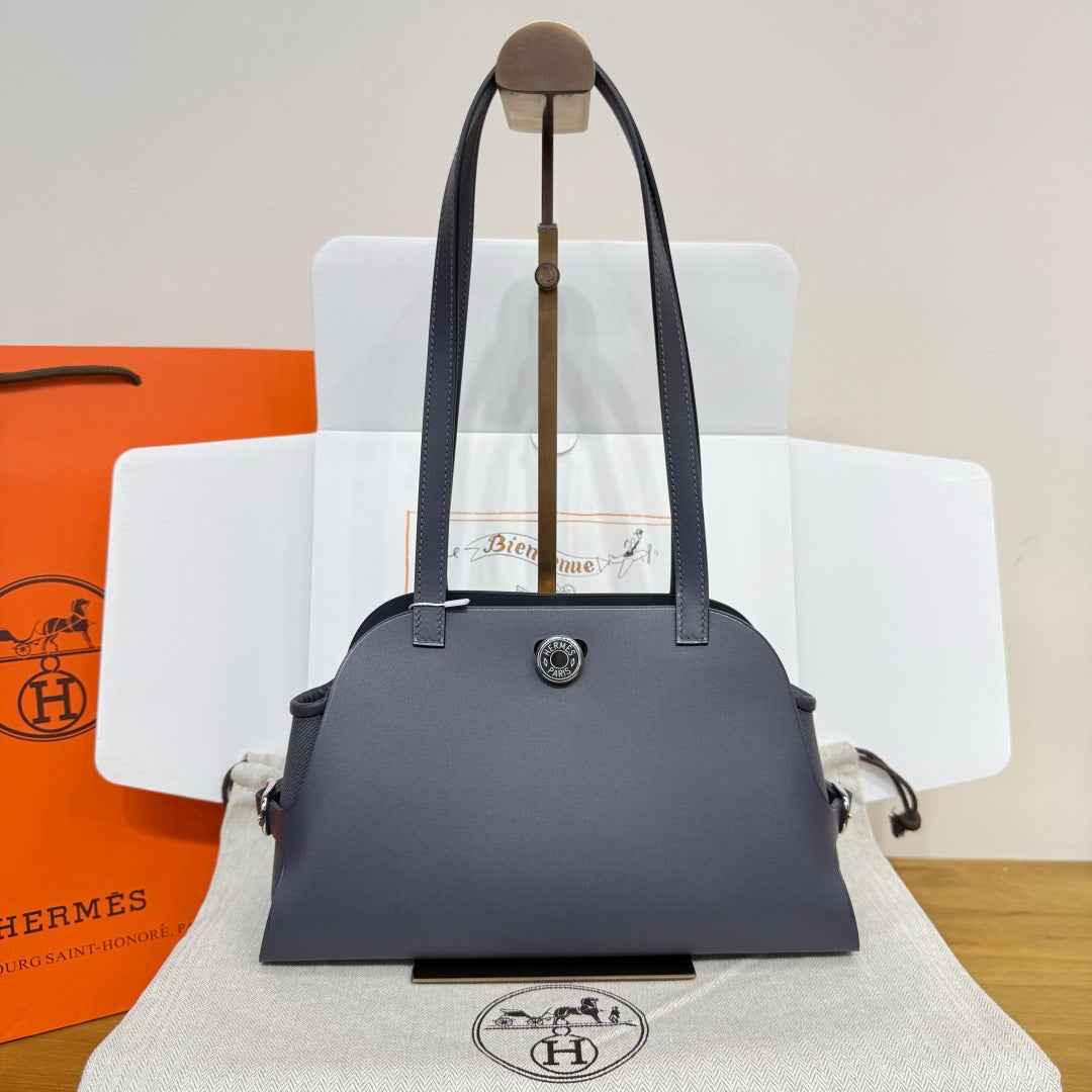 Hermes Tablier sellier Bag Gray Swift calfskin and H canvas Silver hardware