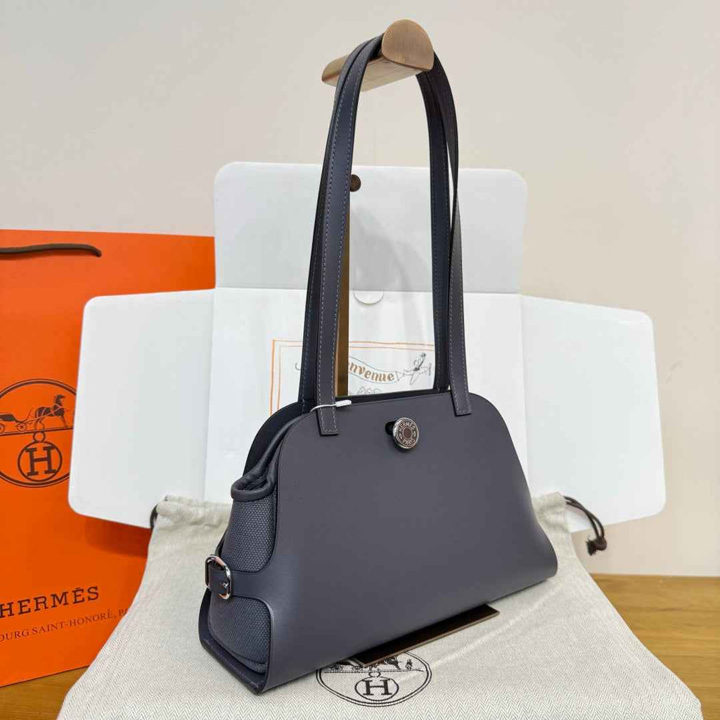 Hermes Tablier sellier Bag Gray Swift calfskin and H canvas Silver hardware
