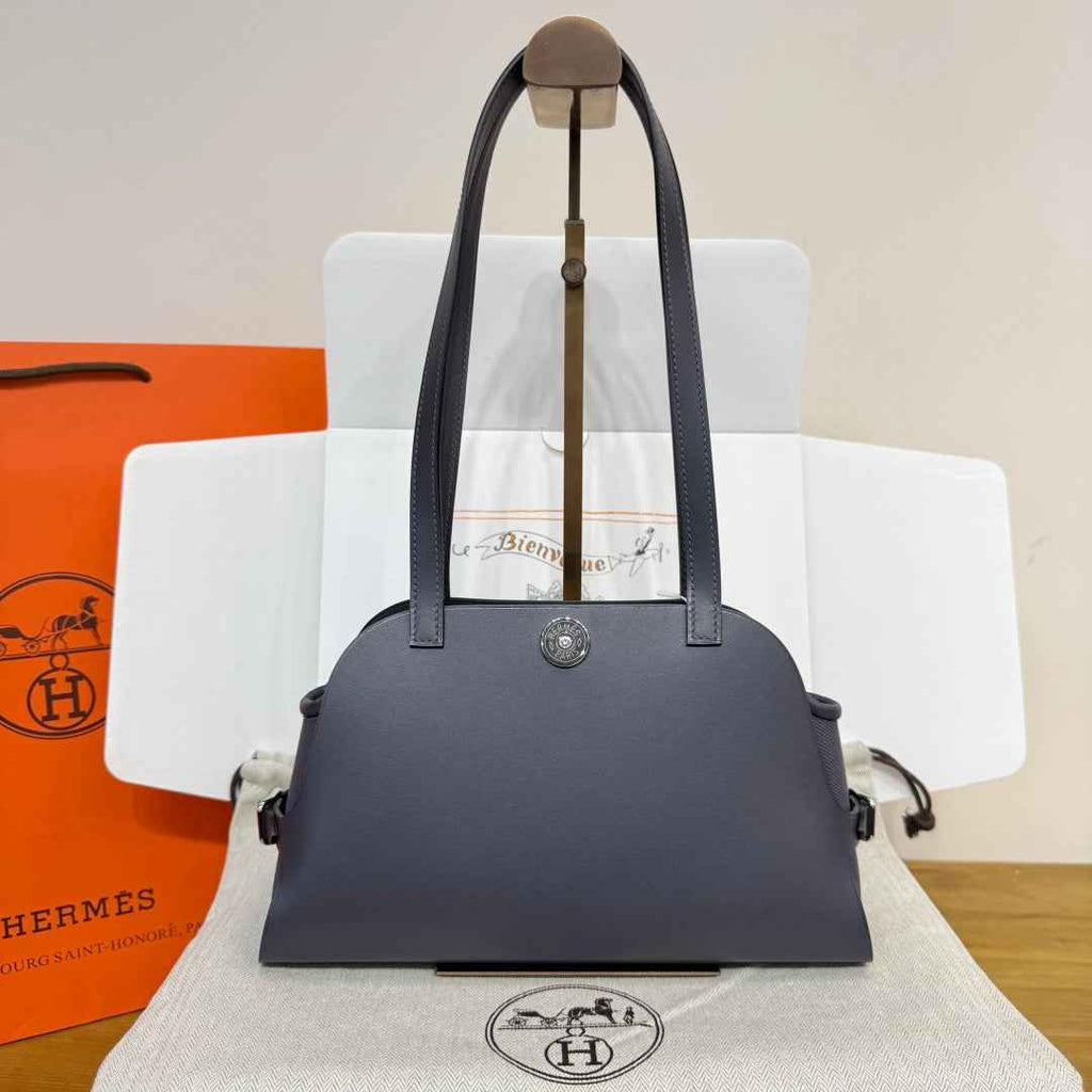 Hermes Tablier sellier Bag Gray Swift calfskin and H canvas Silver hardware