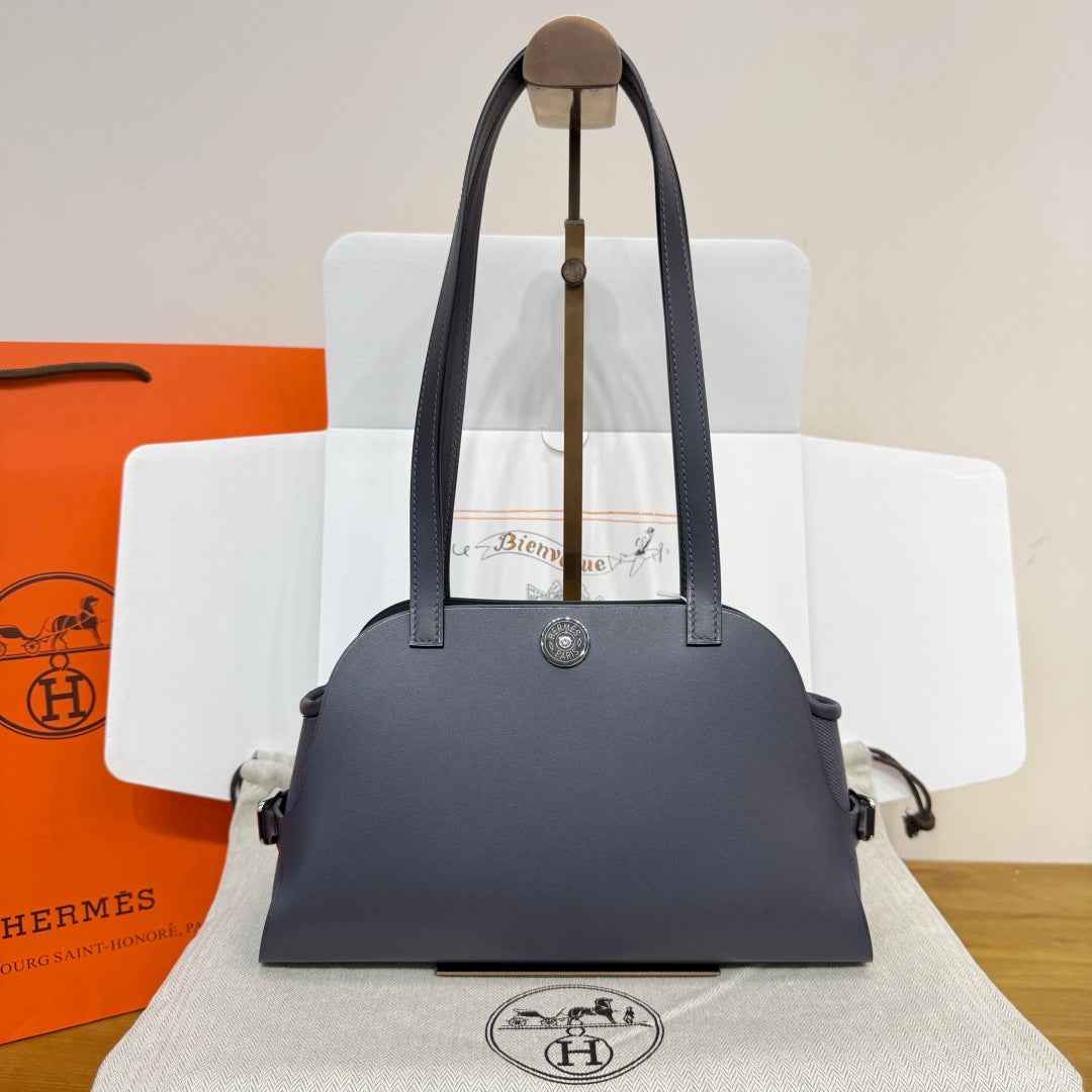 Hermes Tablier sellier Bag Gray Swift calfskin and H canvas Silver hardware