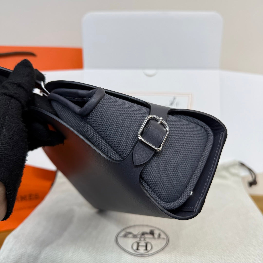 Hermes Tablier sellier Bag Gray Swift calfskin and H canvas Silver hardware