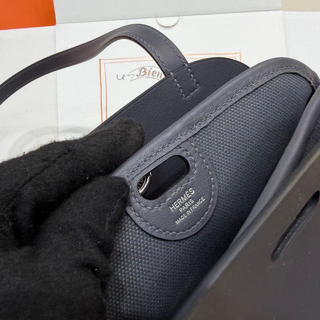 Hermes Tablier sellier Bag Gray Swift calfskin and H canvas Silver hardware