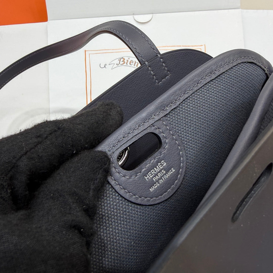 Hermes Tablier sellier Bag Gray Swift calfskin and H canvas Silver hardware