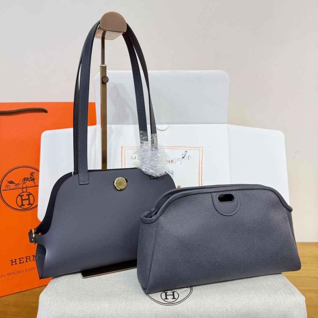 Hermes Tablier sellier Bag Gray Swift calfskin and H canvas Gold hardware