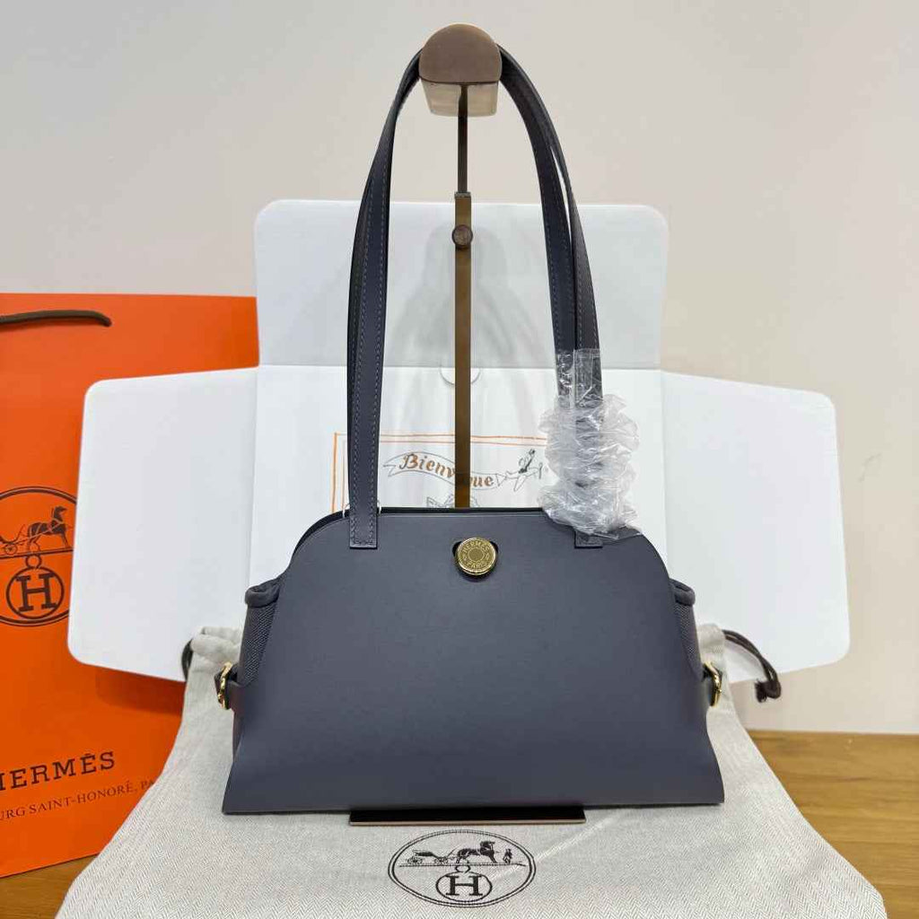 Hermes Tablier sellier Bag Gray Swift calfskin and H canvas Gold hardware