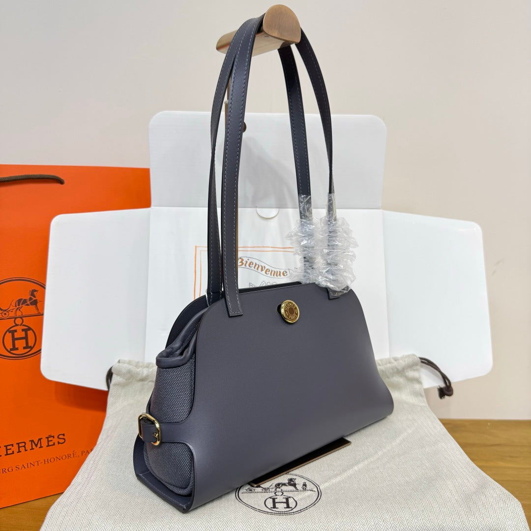 Hermes Tablier sellier Bag Gray Swift calfskin and H canvas Gold hardware