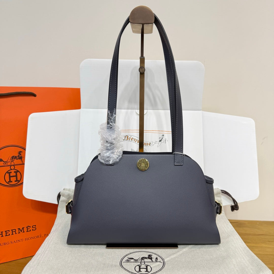 Hermes Tablier sellier Bag Gray Swift calfskin and H canvas Gold hardware
