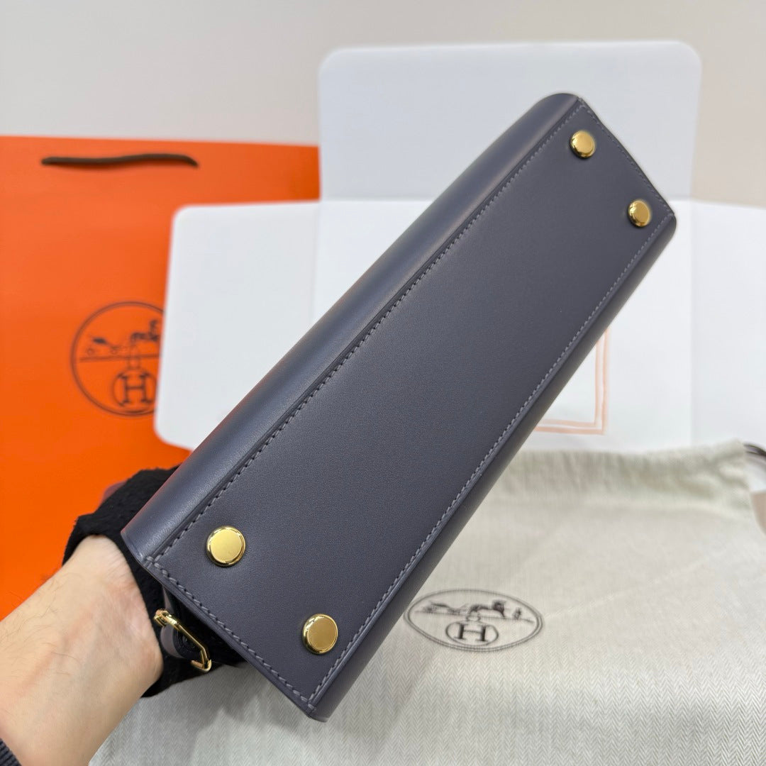 Hermes Tablier sellier Bag Gray Swift calfskin and H canvas Gold hardware