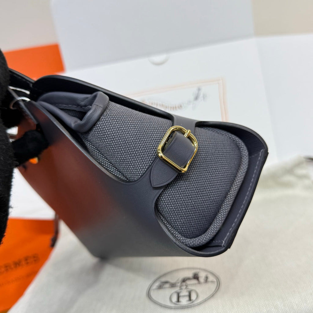Hermes Tablier sellier Bag Gray Swift calfskin and H canvas Gold hardware