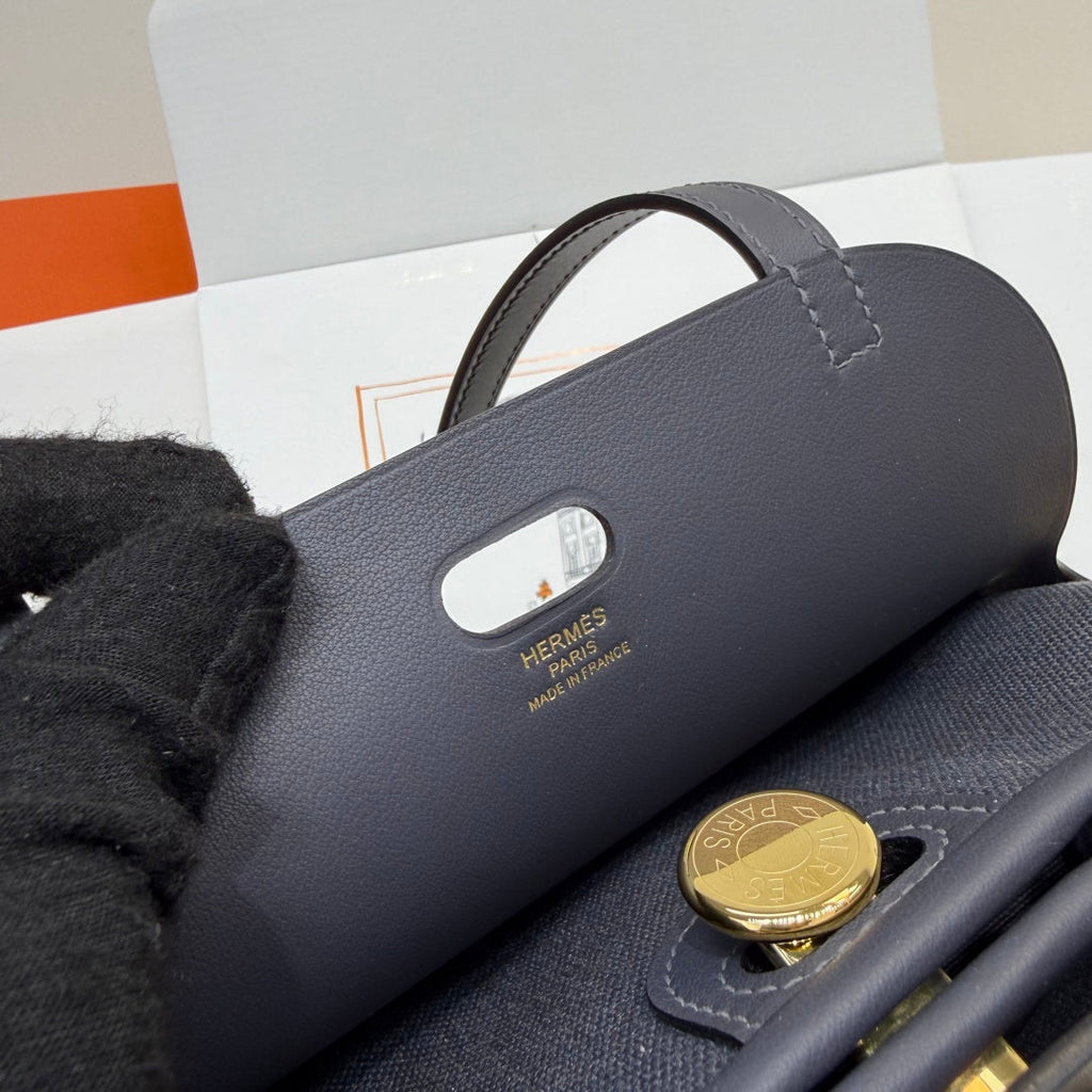 Hermes Tablier sellier Bag Gray Swift calfskin and H canvas Gold hardware