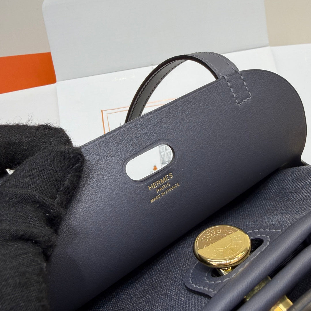 Hermes Tablier sellier Bag Gray Swift calfskin and H canvas Gold hardware