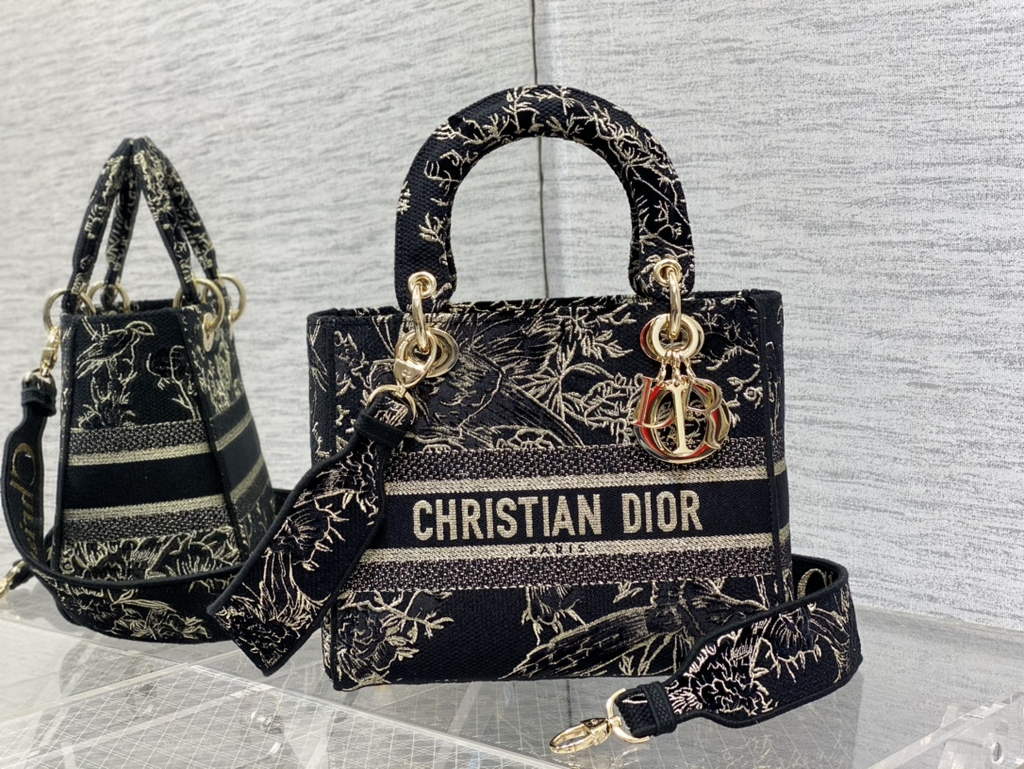 Dior M0565 Medium Lady D-Life Bag Black Multicolor Cotton with Velvet - Default Title - View 1