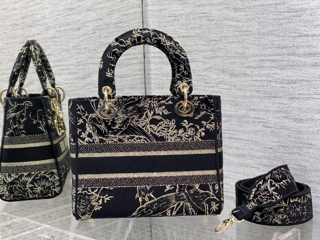 Dior M0565 Medium Lady D-Life Bag Black Multicolor Cotton with Velvet - Default Title - View 5
