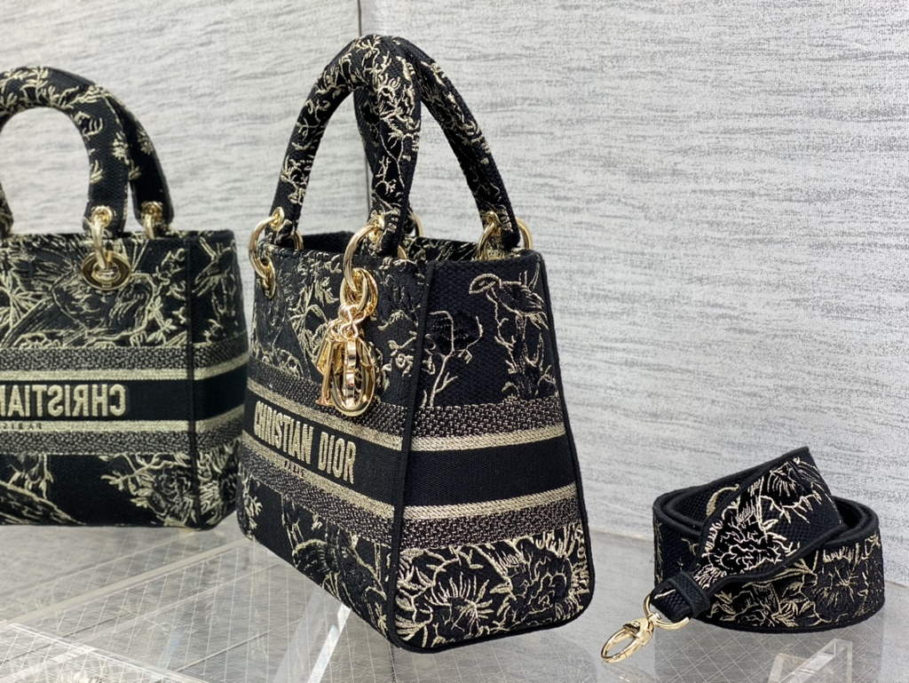 Dior M0565 Medium Lady D-Life Bag Black Multicolor Cotton with Velvet - Default Title - View 6
