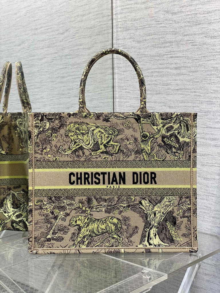 Large Dior Book Tote M1286 Yellow Toile de Jouy Sauvage Embroidery