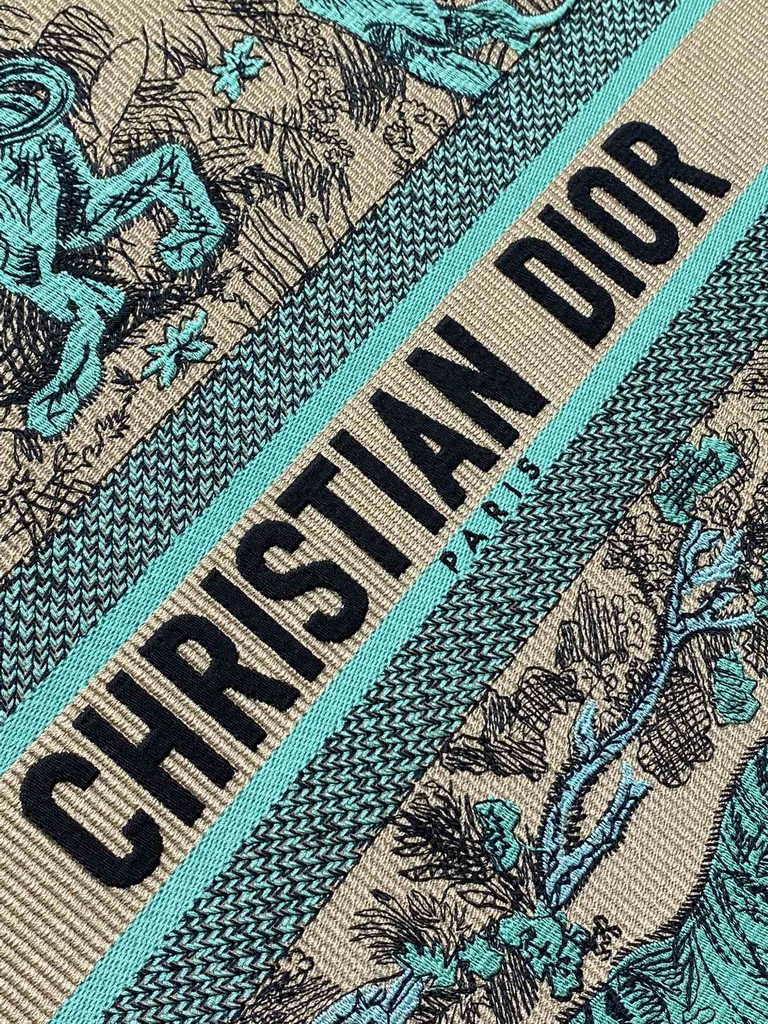 Large Dior Book Tote M1286 Raffia with Aquamarina Toile de Jouy Sauvage Embroidery