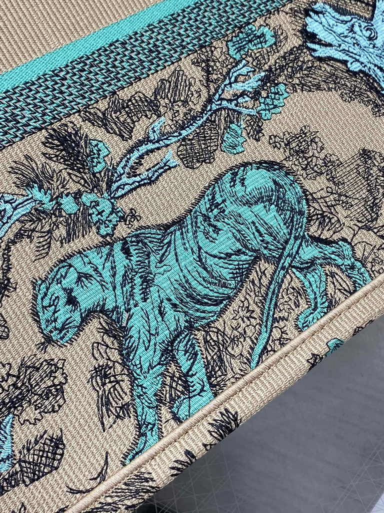 Large Dior Book Tote M1286 Raffia with Aquamarina Toile de Jouy Sauvage Embroidery