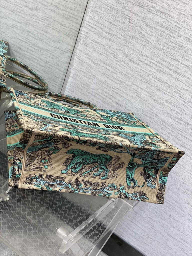 Large Dior Book Tote M1286 Raffia with Aquamarina Toile de Jouy Sauvage Embroidery