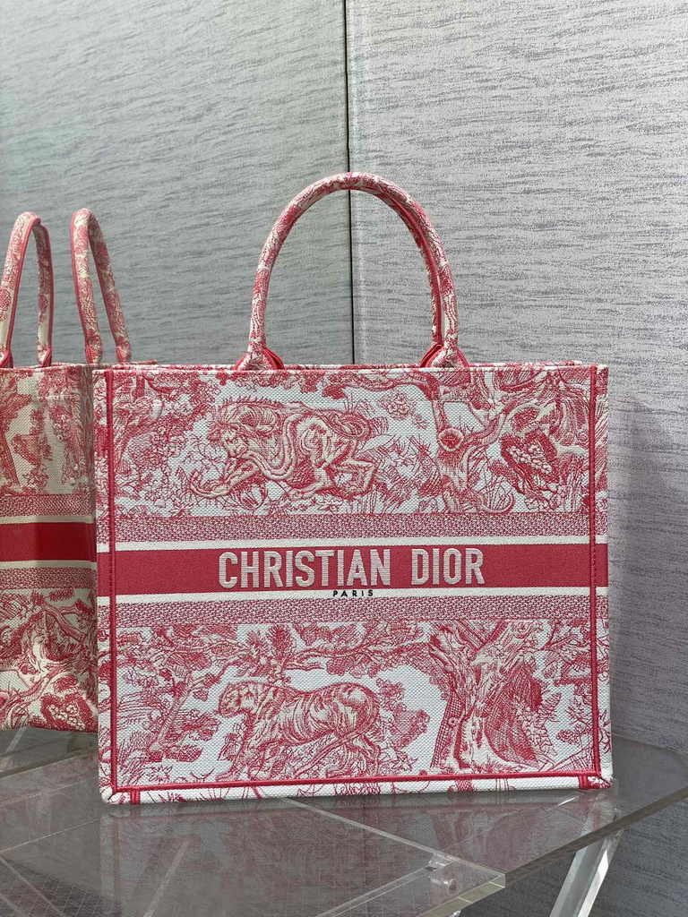 Large Dior Book Tote M1286 Red Toile de Jouy Sauvage Embroidery