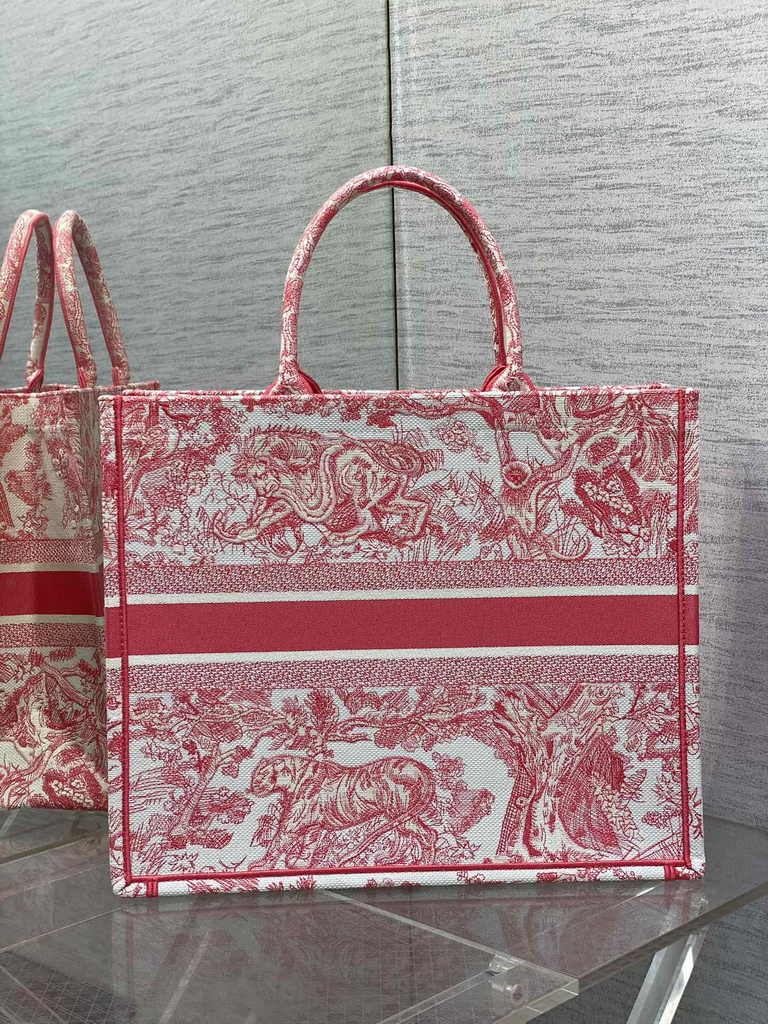 Large Dior Book Tote M1286 Red Toile de Jouy Sauvage Embroidery