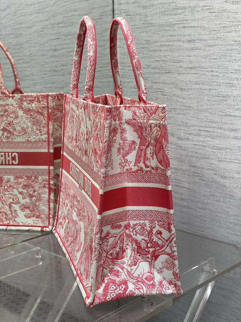 Large Dior Book Tote M1286 Red Toile de Jouy Sauvage Embroidery